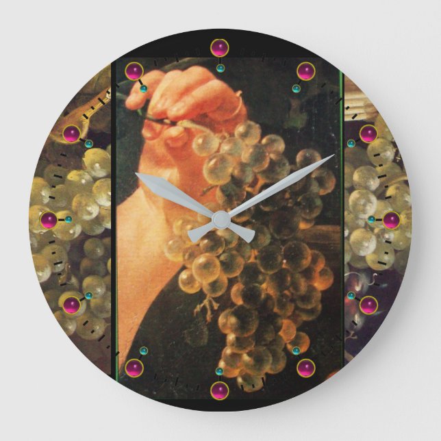 HAND HOLDING WHITE GRAPES, VINEYARD WINE TASTING LARGE CLOCK (Front)