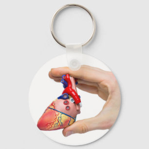 Hand holds model human heart between fingers key ring