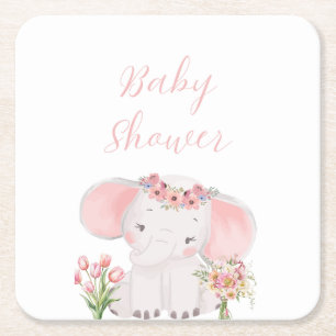 Hand illustrated Adorable Elephant Baby Girl Showe Square Paper Coaster