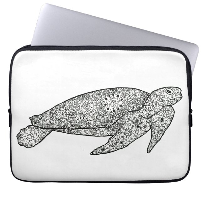 Hand Illustrated Artsy Floral Sea Turtle Laptop Sleeve (Front)