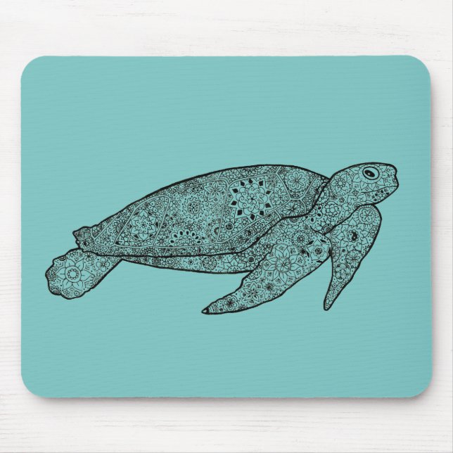 Hand Illustrated Artsy Floral Sea Turtle Mouse Mat (Front)