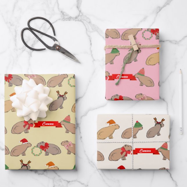 Hand-Illustrated Capybara Cute Retro Christmas Wrapping Paper Sheet (Front)