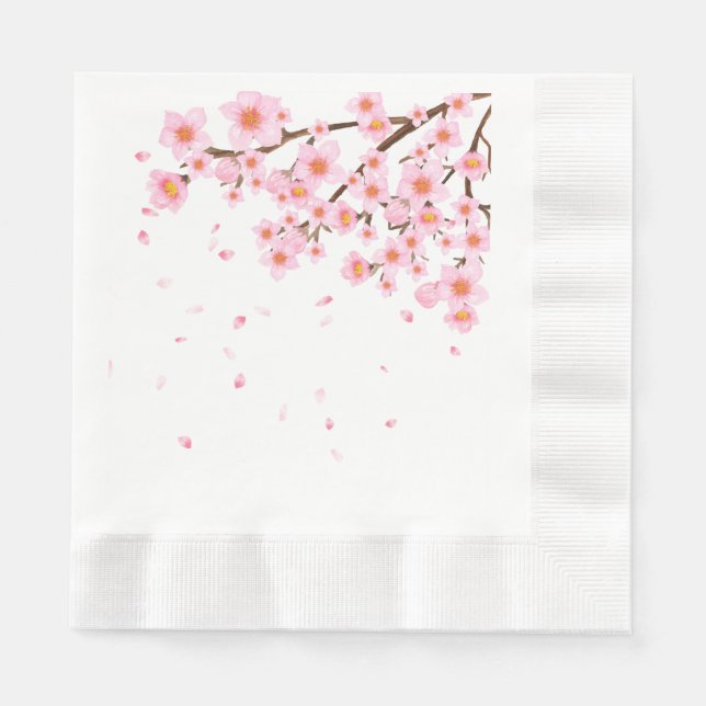 Hand Illustrated Cherry Blossom Branch Napkin (Front)