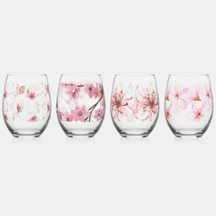 Hand Illustrated Cherry Blossom Print Stemless Wine Glass