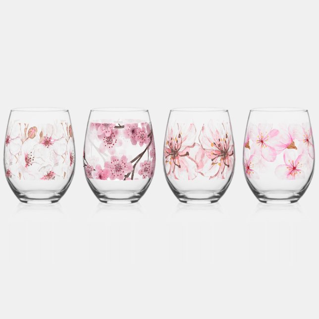 Hand Illustrated Cherry Blossom Print Stemless Wine Glass (Front)