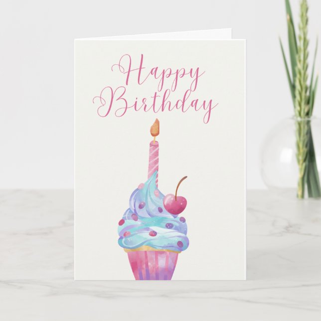 Hand Illustrated Cupcake with a Single Candle Card (Front)