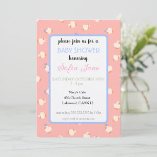 Hand Illustrated Cute Ducks Kids Pink Baby Shower Invitation