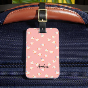 Hand Illustrated Cute Ducks Pink Name Address Luggage Tag