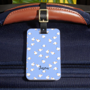 Hand Illustrated Cute Kawaii Ducks in Blue Contact Luggage Tag