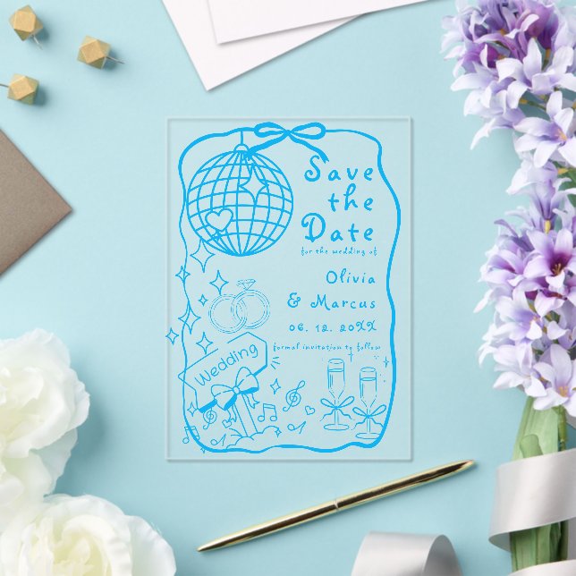 Hand Illustrated Doodle Blue Wedding Save The Date Acrylic Invitations (Insitu (Wedding))