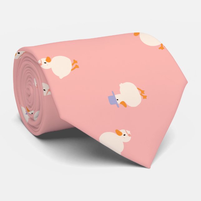 Hand Illustrated Ducks Design Pink Tie (Rolled)