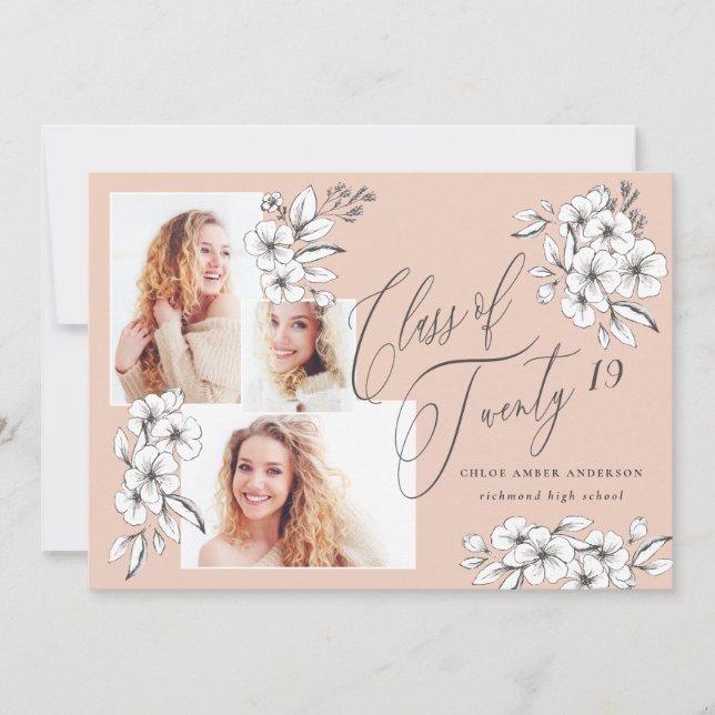 Hand illustrated floral class of 2019 graduate announcement (Front)