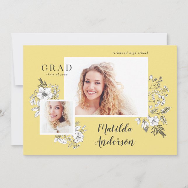 Hand illustrated floral multi photo graduate announcement (Front)