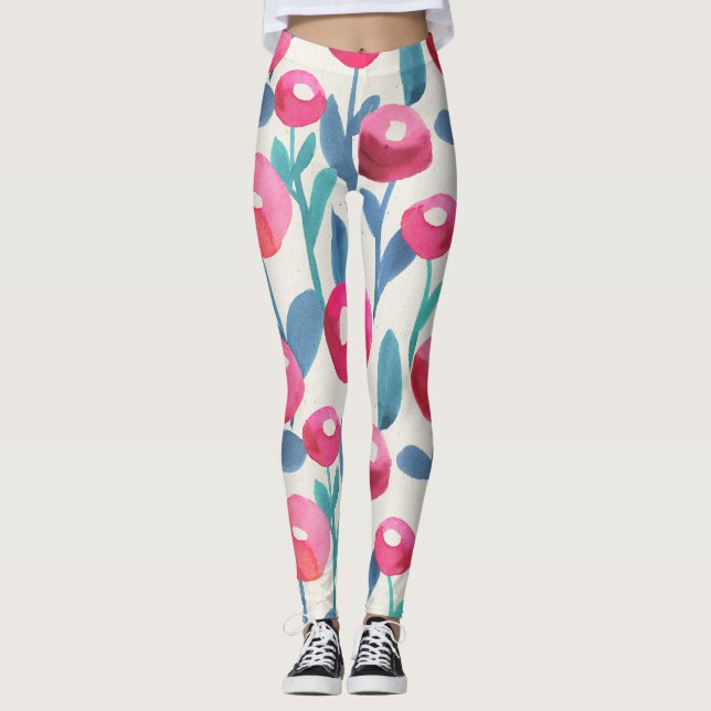 Hand-illustrated florals: watercolor texture. leggings (Front)