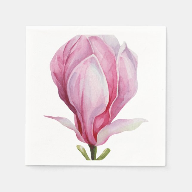 Hand Illustrated Gradient Pink Magnolia Blossom Napkin (Front)