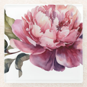 Hand Illustrated gradient Pink peony Glass Coaster