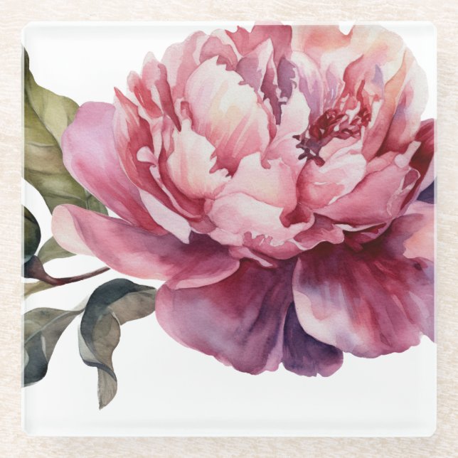 Hand Illustrated gradient Pink peony Glass Coaster (Front)