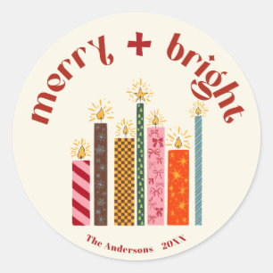 Hand-Illustrated Merry + Bright Christmas Sticke C Classic Round Sticker