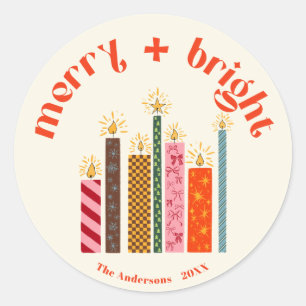Hand-Illustrated Merry + Bright Christmas Sticke Classic Round Sticker