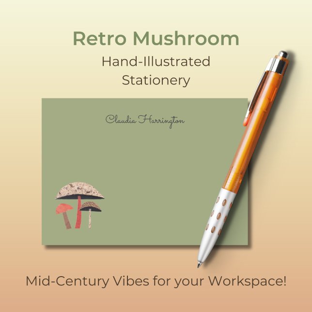 Hand-Illustrated Midcentury Mushroom Sage Green Post-it Notes (These retro midcentury mushroom notecards are truly unique, with my own original art.)