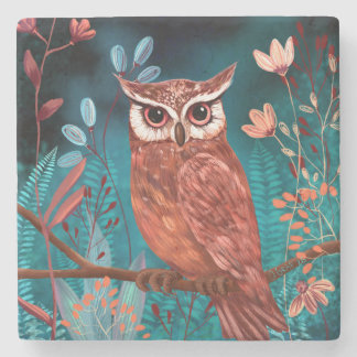 Hand-illustrated owl by the artist - Boho Nature Stone Coaster