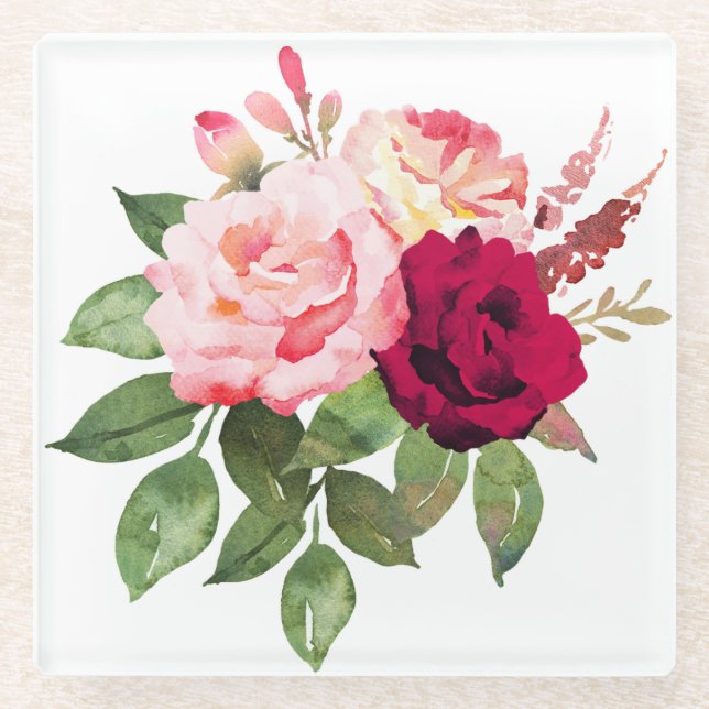 Hand Illustrated Pink and magenta print Glass Coaster (Front)