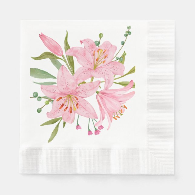 Hand illustrated Pink Oriental Lily's  Napkin (Front)