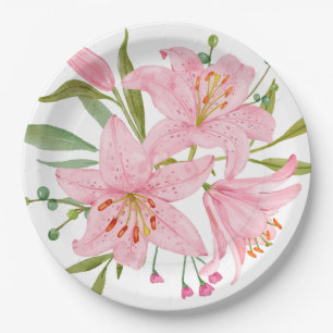 Hand Illustrated pink Oriental Lily's price cut Paper Plate
