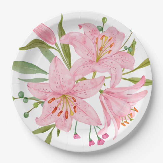 Hand Illustrated pink Oriental Lily's price cut Paper Plate (Front)