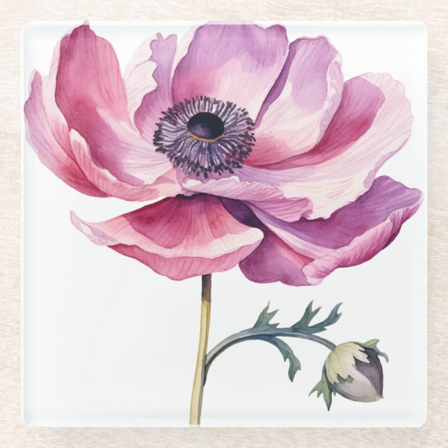 Hand illustrated Pink Peony Glass Coaster (Front)