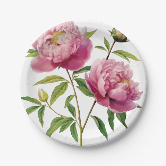 Hand Illustrated Pretty Pink Peonies Price Cut Paper Plate (Front)