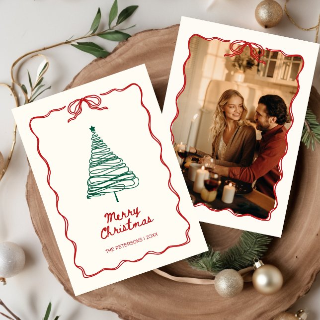 Hand-illustrated Red Green Retro Photo Christmas  Holiday Card (UNIQUE Christmas Hand Illustrated Hand Drawn Quirky Simple Photo Holiday Card)