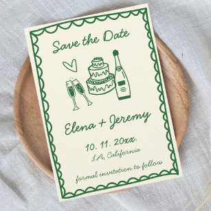 Hand Illustrated Vintage Colourful Green Wedding Save The Date
