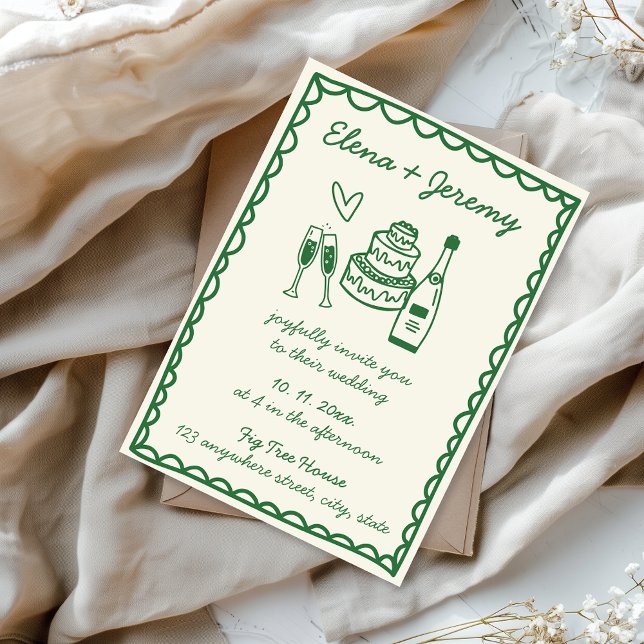 Hand Illustrated Vintage French Green Wedding Invitation (Green hand illustration hand written quirky wedding invitation)