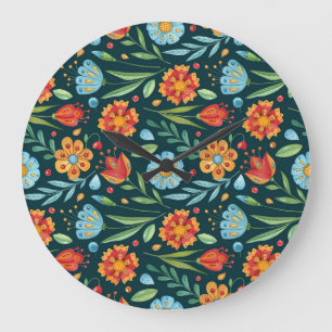 Hand-Illustrated Watercolor Flower Pattern Large Clock