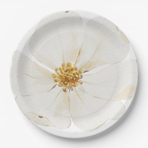 Hand Illustrated White Peony  Paper Plate