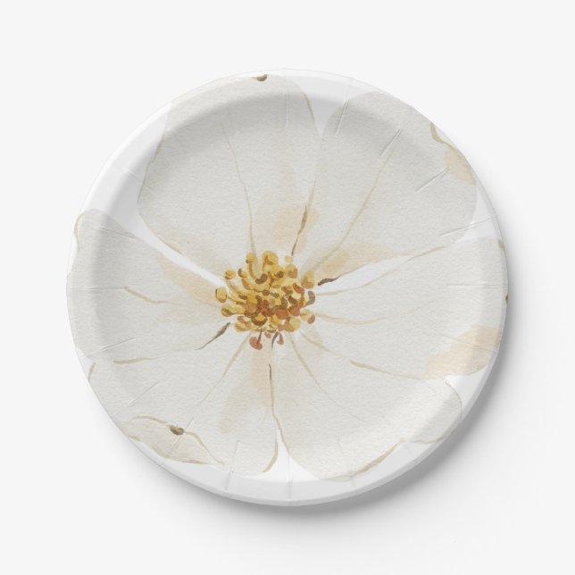 Hand Illustrated White Peony Paper Plate (Front)