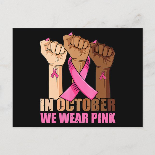 Hand In October We Wear Pink Breast Cancer Awarene Postcard (Front)