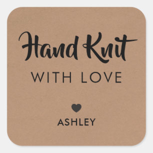 Hand Knit with Love, Handmade Gift Tag, Kraft Square Sticker