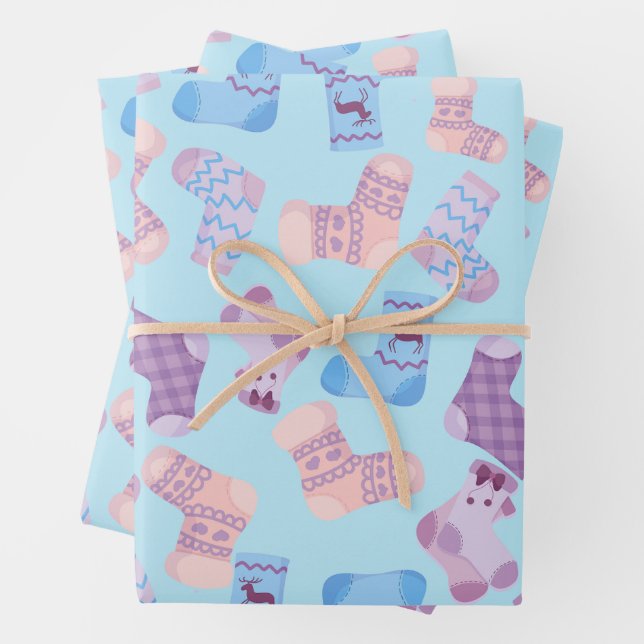 Hand Knitted Socks Tiled Pattern Blue Wrapping Paper Sheet (In situ)