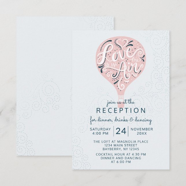 Hand Letter Pink Hot Air Balloon Wedding Reception Invitation (Front/Back)