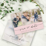 Hand Lettered 3 Image Blush Pink Save The Date<br><div class="desc">Pick the best pictures from your engagement shoot or your favourite pictures of the two of you for this perfect save the date. The words save the date are handwritten to give a personal feel to the card. The front has 3 images and the back has a large image with...</div>
