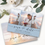 Hand Lettered 3 Image Dusty Blue Save The Date<br><div class="desc">Pick the best pictures from your engagement shoot or your favourite pictures of the two of you for this perfect save the date. The words save the date are handwritten to give a personal feel to the card. The front has 3 images and the back has a large image with...</div>