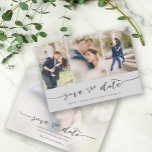 Hand Lettered 3 Image Light Gray Save The Date<br><div class="desc">Pick the best pictures from your engagement shoot or your favorite pictures of the two of you for this perfect save the date. The words save the date are handwritten to give a personal feel to the card. The front has 3 images and the back has a large image with...</div>