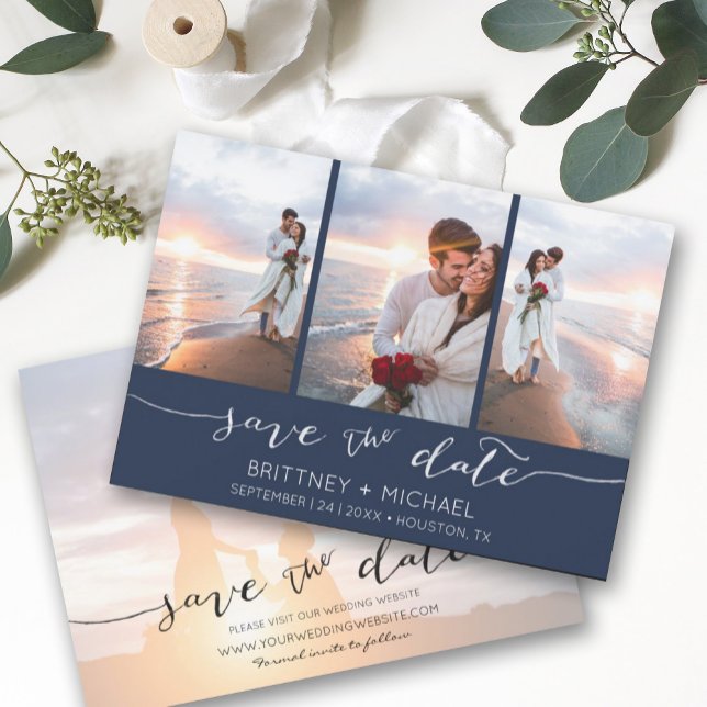 Hand Lettered 3 Image Navy Blue Save The Date (Creator Uploaded)