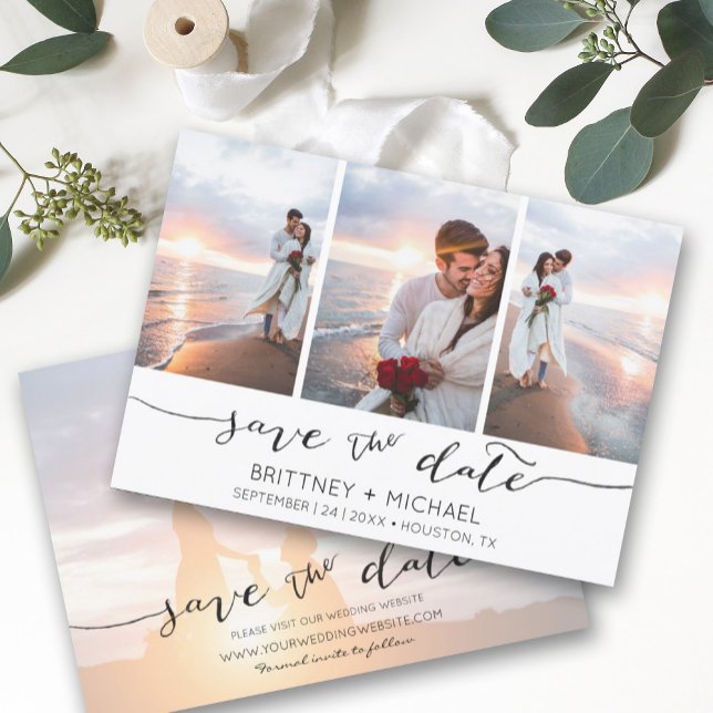 Hand Lettered 3 Image White Save The Date (Creator Uploaded)