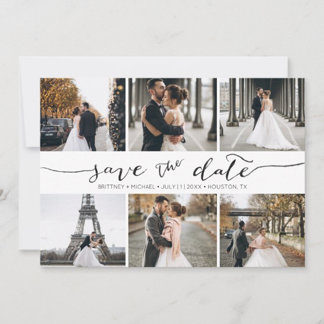 Hand Lettered 6 Photo Collage Save the Date Card (Front)