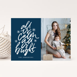 Hand-Lettered All Is Calm All Is Bright Navy Photo Holiday Card