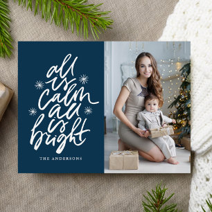 Hand-Lettered All Is Calm All Is Bright Navy Photo Holiday Postcard