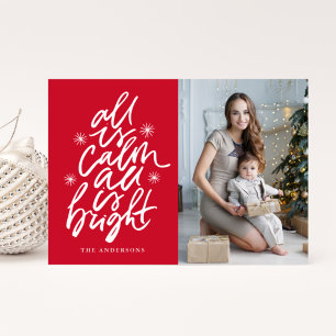 Hand-Lettered All Is Calm All Is Bright Red Photo Holiday Card